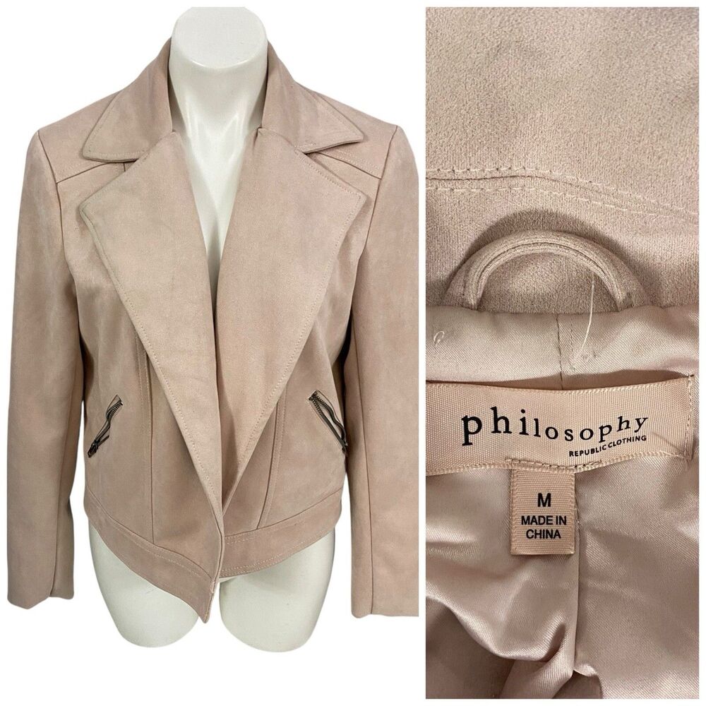 Philosophy Moto Jacket Womens Medium Pink Faux Suede Career Professional Work
